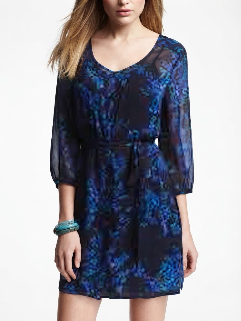 Express| Blue & Black Sheer Floral V-Neck Long Sleeve Above Knee Dress Sz M